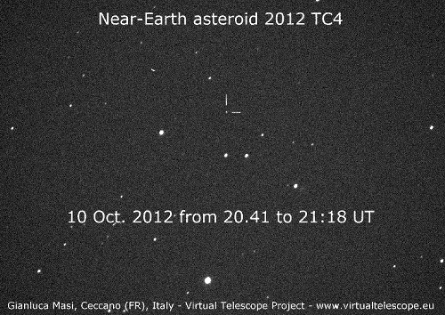 L'asteroide near-Earth 2012 TC4 mentre si muove attraverso le stelle il 10 Ottobre 2012. Mostra chiaramente evidenti variazioni di luminosità mentre gira su se stesso. CLICCA sul video per una migliore risoluzione.