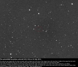 Asteroid 2012 OQ trailed in this image, obtained during the live event
