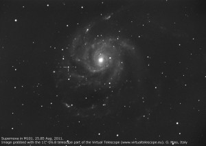 M101 and its supernova suspect, imaged at the Virtual Telescope on 25 Aug. 2011
