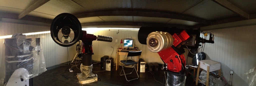 The Planewave 17 (left) and Celestron C-14 (right) units, both on a robotic Paramount ME mount