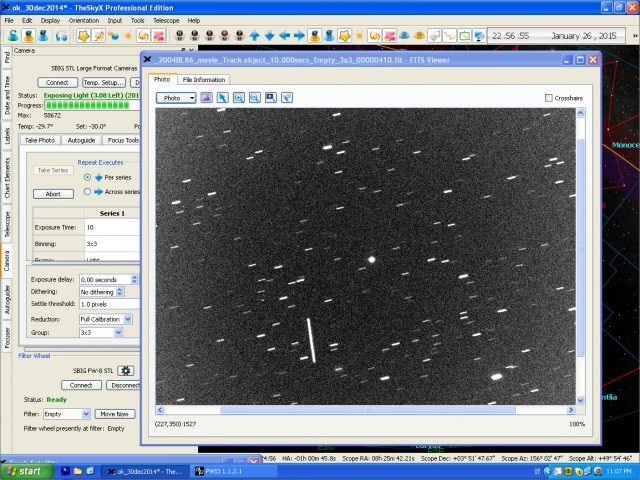 Potentially Hazardous Asteroid (357439) – 2004 BL86 and a satellite trail: 26 Jan. 2015, 22:07 UT