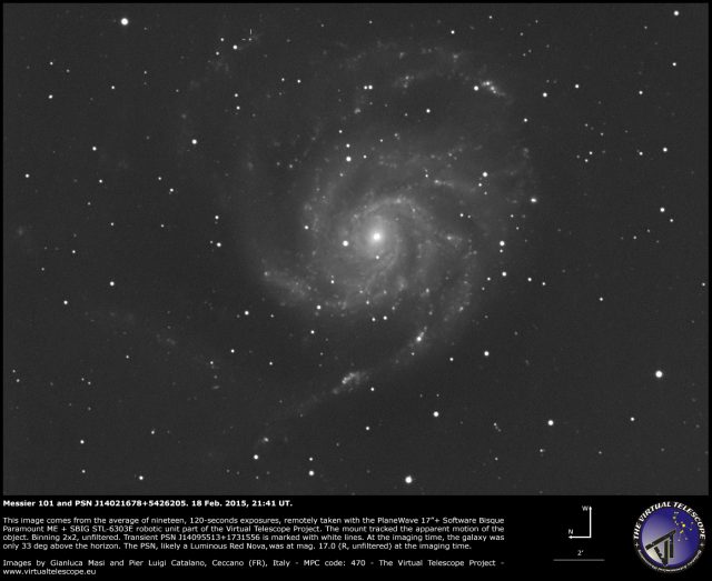 Messier 101 and PSN J14021678+5426205: 18 Feb. 2015