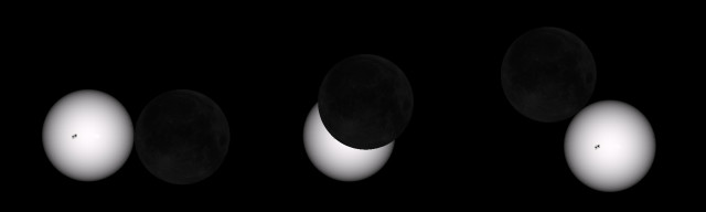Simulated eclipse from Rome: starting (left), maximum (center) and final phases
