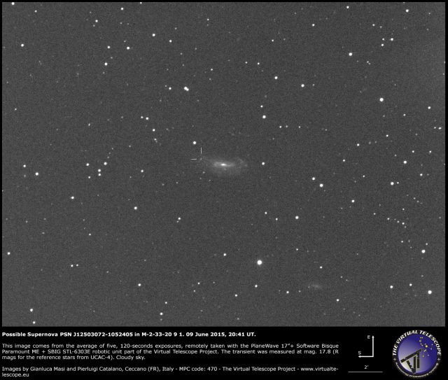 Possible Supernova PSN J12503072-1052405 in M-2-33-20 9 1: an image (09 June 2015)