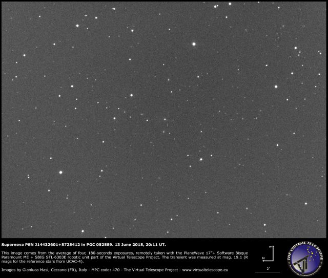 Supernova PSN J14432601+5725412 in PGC 052589: an image (13 June 2015)