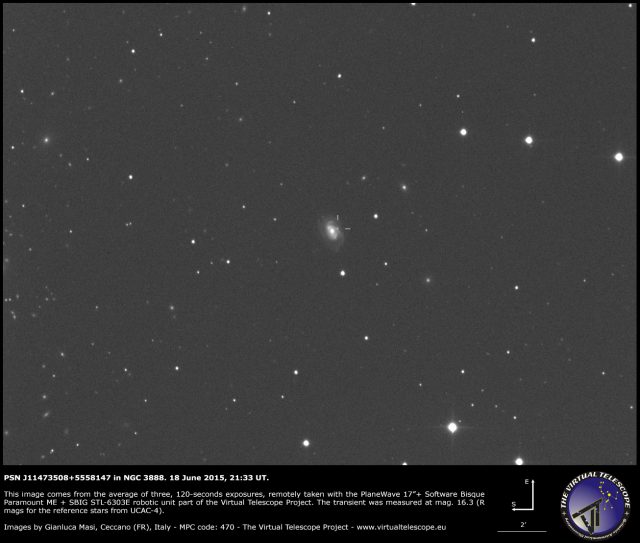 Possible supernova PSN J11473508+5558147 in NGC 3888: an image (18 June 2015)