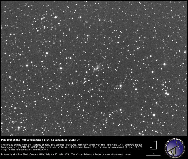 Possible supernova PSN J19535968+4956078 in UGC 11494: an image (13 June 2015)
