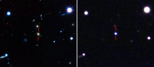 Immagine in falsi colori che mostra la galassia ospite prima dell’esplosione di ASASSN-15lh ripresa dalla Dark Energy Camera (DECam) [sinistra], e la supernova ripresa dal telescopio da 1 metro del Las Cumbres Observatory Global Telescope Network (LCOGT) [destra]: si noti il colore blu della sorgente, dovuto alla sua elevata temperatura. (Credits: The Dark Energy Survey, G. Masi and the ASAS-SN team).