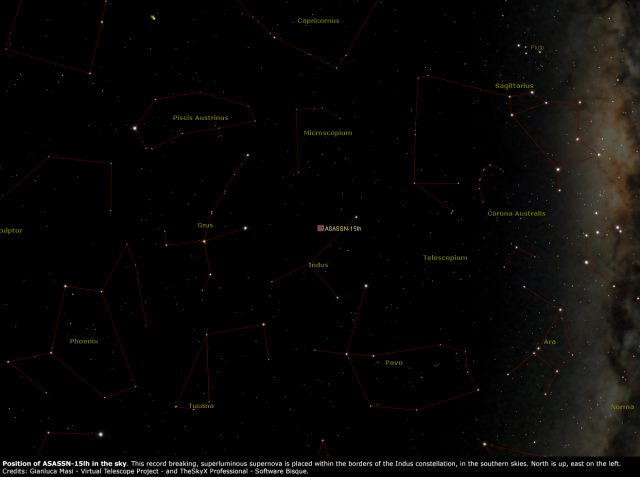 Posizione nel cielo di ASASSN-15lh: essa è apparsa tra le stelle della costellazione dell'Indiano (Indus), nel cielo australe. (Credits: Gianluca Masi - Virtual Telescope Project - and TheSkyX Professional - Software Bisque)