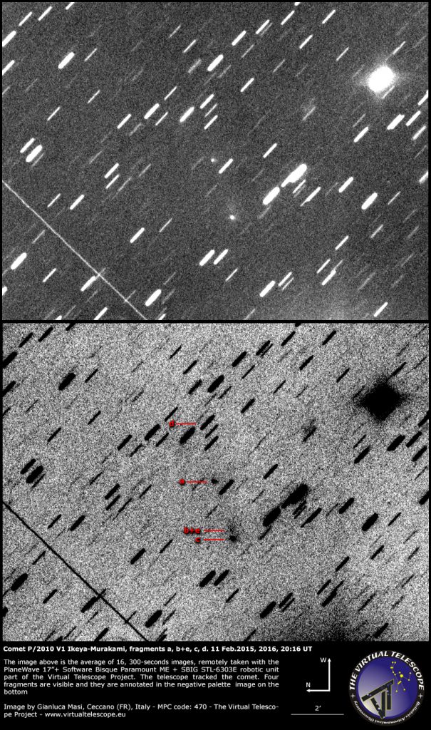 Comet P/2010 V1 Ikeya-Murakami, fragments a, b+e, c, d. 11 Feb.2015, 2016, 20:16 UT