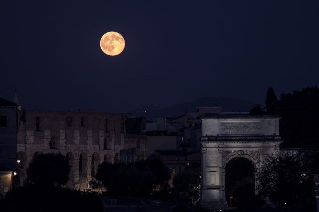 The Arc of Titus (right), the Colosseum and the Full Moon - 20 July 2016