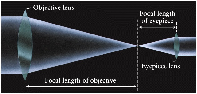 Il concetto di lunghezza focale ("focal length") dell'obiettivo ("Objective lens") e dell'oculare ("eyepiece")