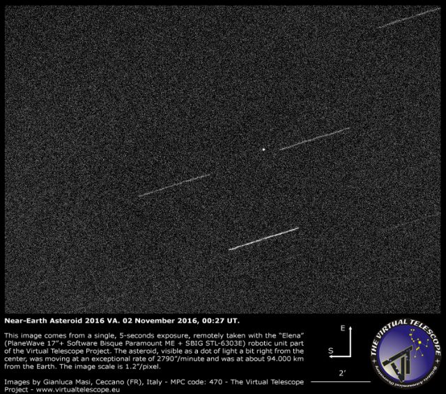 Near-Earth Asteroid 2016 VA was moving extremely fast when it was captured in this image. 2 Nov. 2016