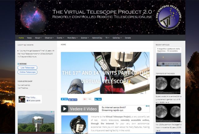 A screenshot of the new website of the Virtual Telescope Project