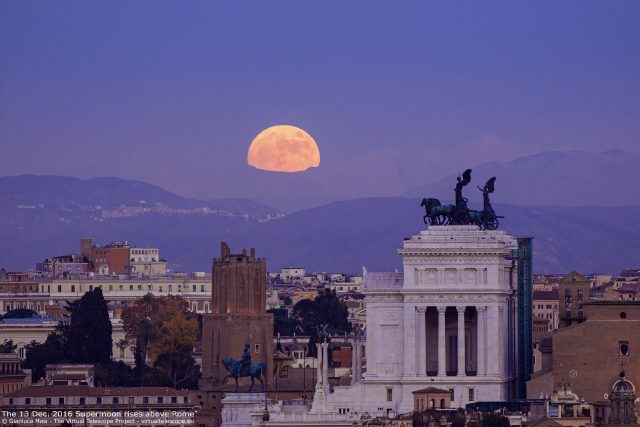 The Supermoon is rising above Rome on 13 Dec. 2016, with the "Nero's Tower" and the "Altar of the Fatherland" well visible