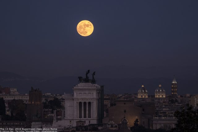 The Moon is dominating the skyline above Rome on 13 Dec. 2016. The "Nero's Tower", the "Altar of the Fatherland", the domes and the bell tower of Santa Maria Maggiore's Basilica and the Ara Coeli are easy to recognize.