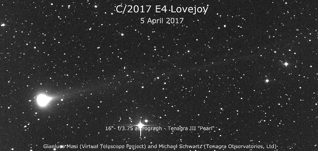 Comet C/2017 E4 Lovejoy: evolution of the ion tail on 5 April 2017, in 70 minutes