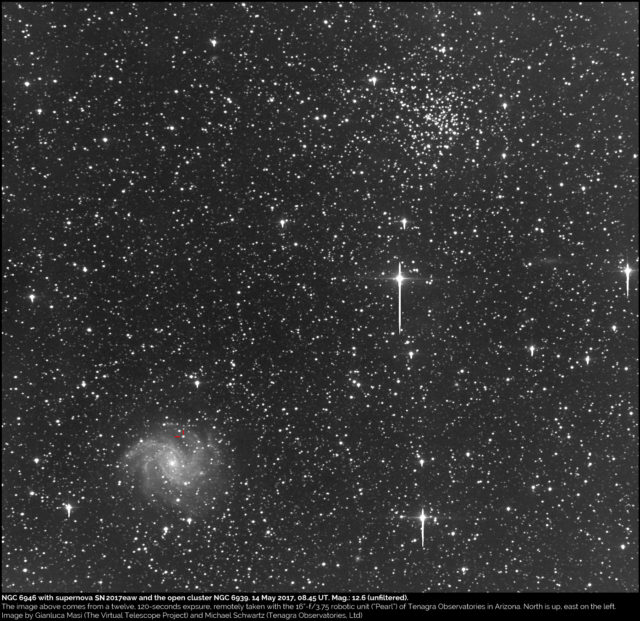 NGC 6946, supernova SN 2017eaw and the open cluster NGC 6939. 14 May 2017