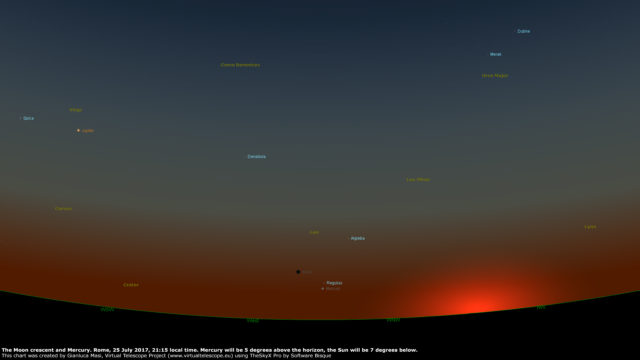 A star chart showing the Moon and Mercury at sunset, on 25 July 2017