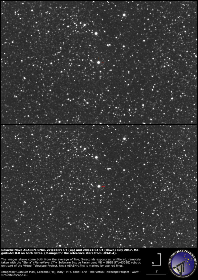 Galactic nova ASASSN-17hx in Scutum: 27 (up) and 28 (down) July 2017