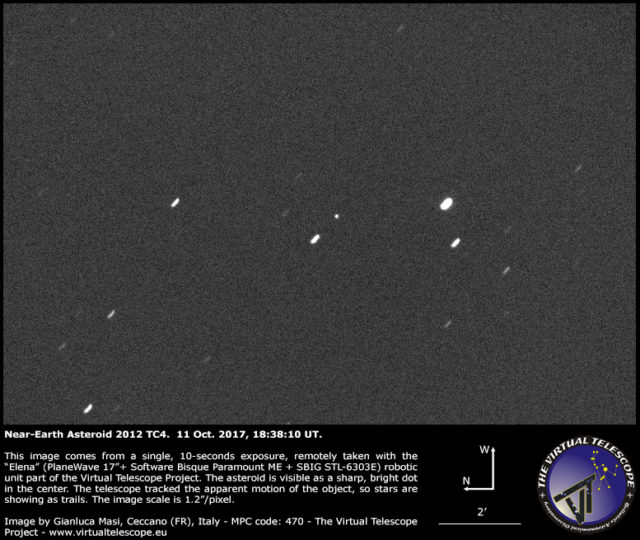 Near-Earth Asteroid 2012 TC4, imaged during our live feed: 11 Oct. 2017