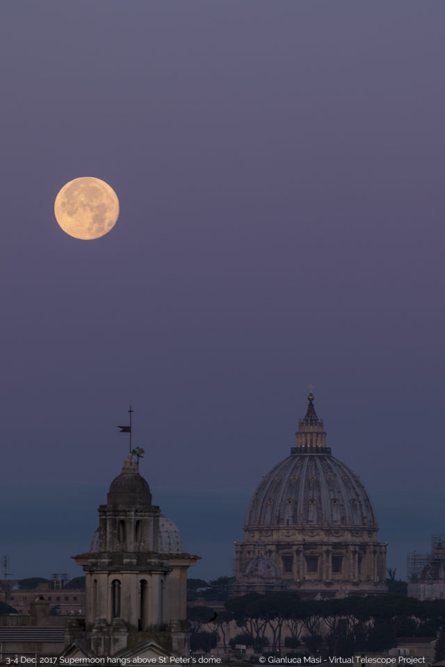 The Supermoon approaches the St. Peter's Dome, while the Venus belt is a perfect background for the show .