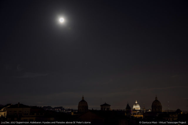 The bright Supermoon was shining above a sleeping Rome, with the star Aldebaran, Hyades and Pleiades on the background.