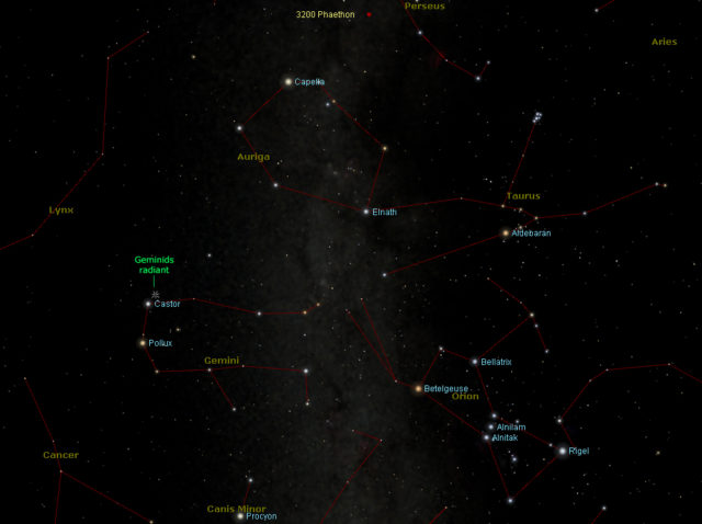 The radiant of the Geminids meteor shower, close to the star Castor / Il radiante delle Geminidi, vicino alla stella Castore