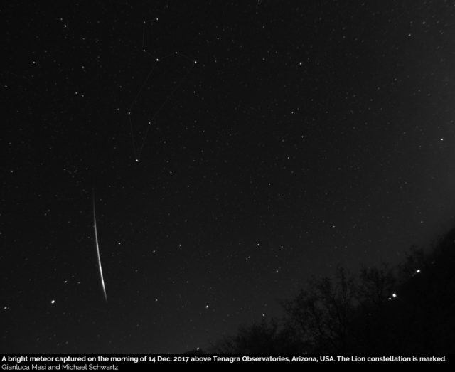 A bright meteor above Tenagra Observatories - 14 Dec. 2017