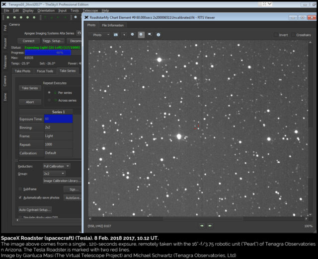 The Tesla Roadster during the observing session: 8 Feb. 2018