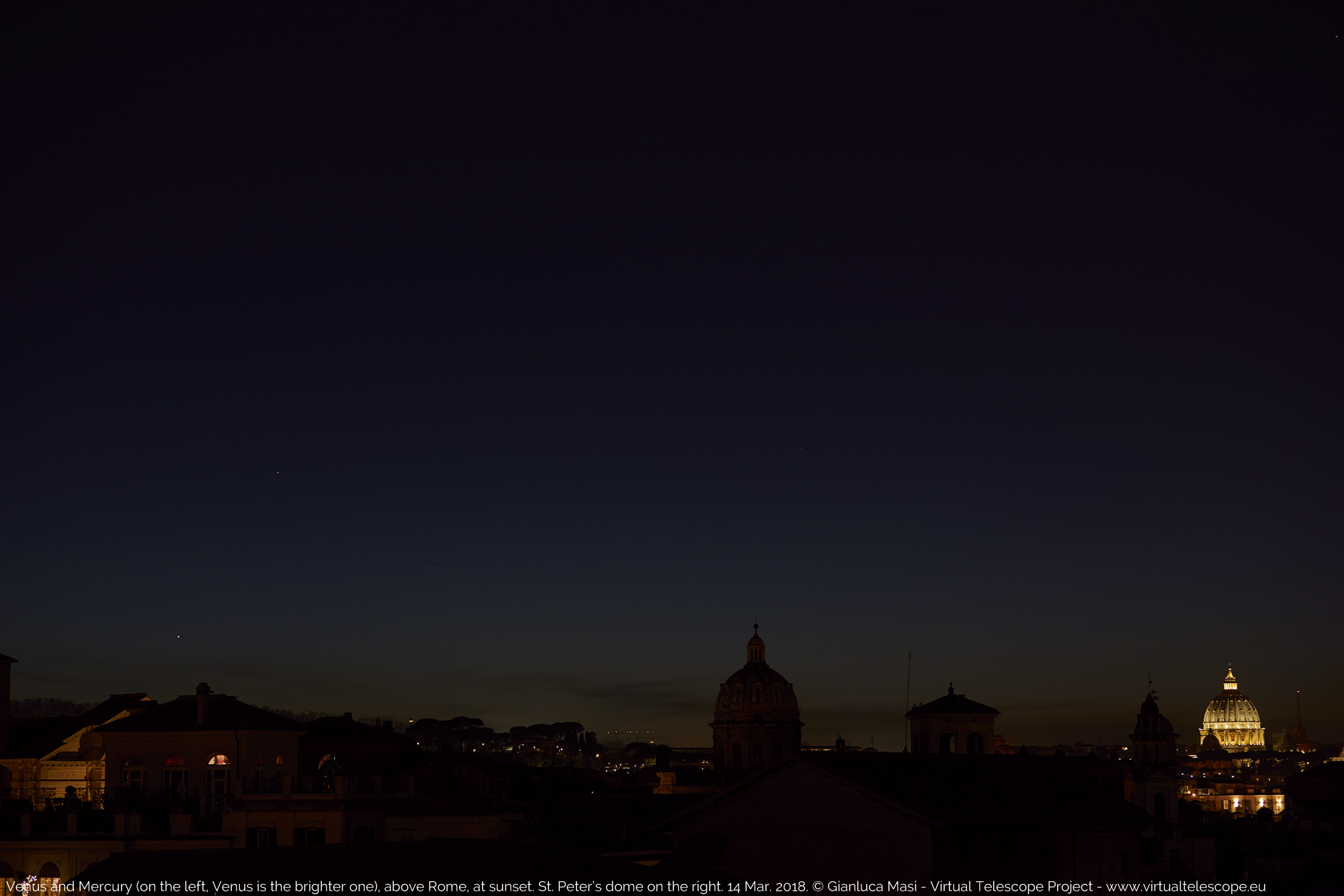 Venus and Mercury are ready to set while the night comes in Rome. St. Peter's dome on the right. 14 Mar. 2018