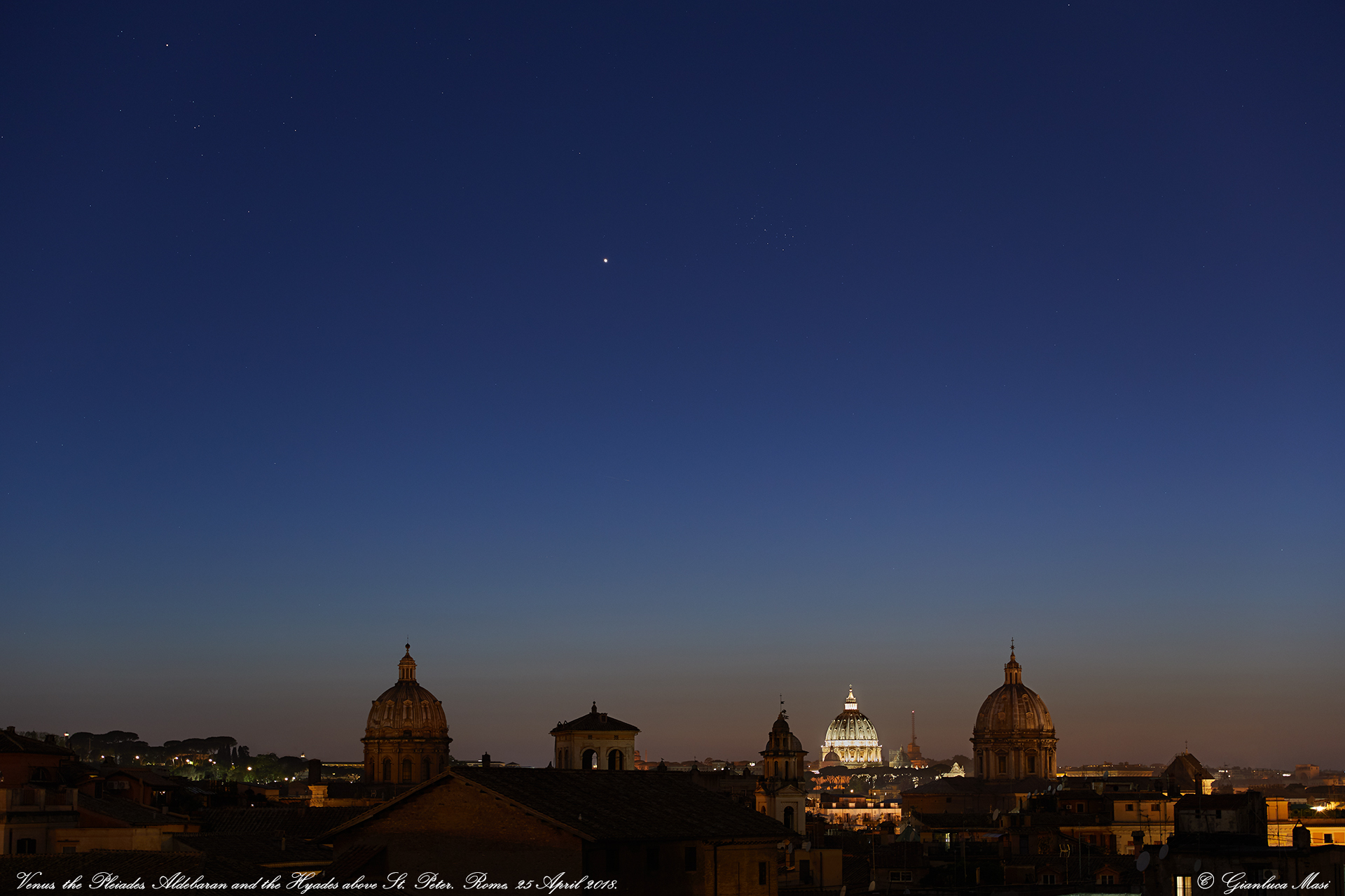 Venus, the Pleiades, Aldebaran and the Hyades above St. Peter. Rome, 25 April 2018. © Gianluca Masi