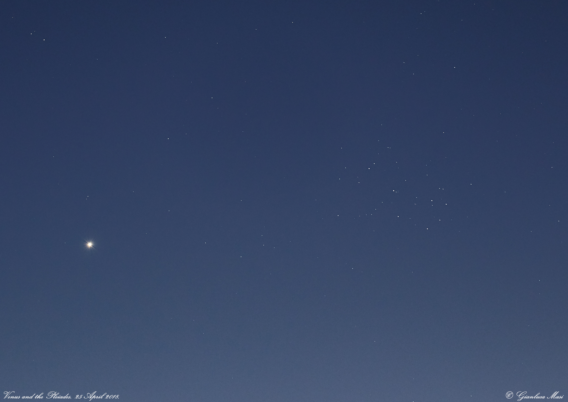 A close-up showing planet Venus and Pleiades