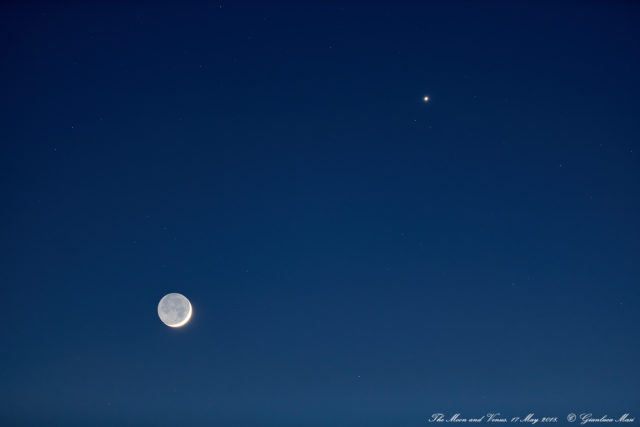 The Moon, with its Earthshine, pairs with Venus soon after sunset, in a still bright and blue sky