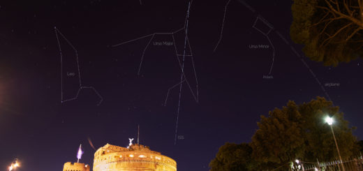 The ISS trail is showing among some well-known constellations, with the Mausoleum of Hadrian below.