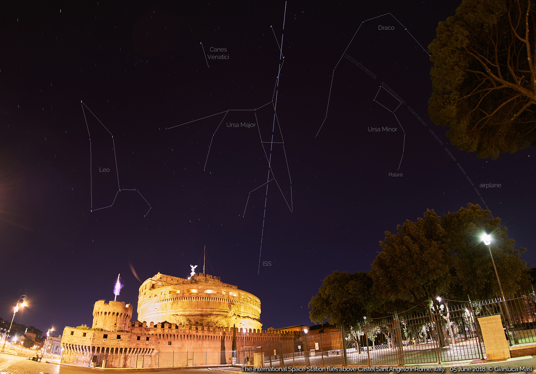 The ISS trail is showing among some well-known constellations, with the Mausoleum of Hadrian below.