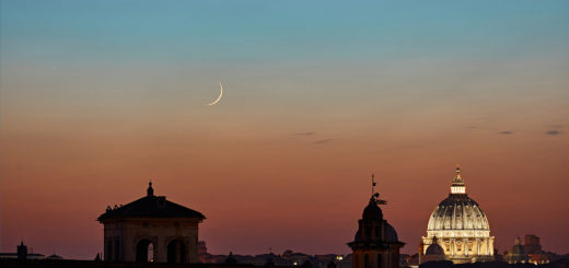 A sharp lunar crescent hangs above St. Peter's Dome, with Mercury on the left - 14 July 2018