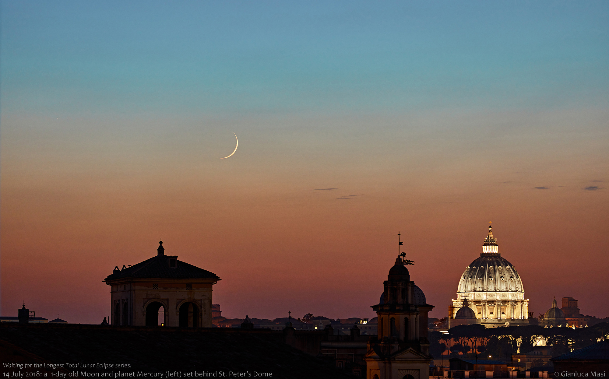A sharp lunar crescent hangs above St. Peter's Dome, with Mercury on the left - 14 July 2018