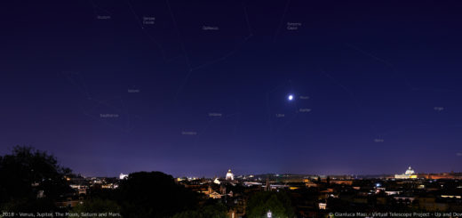 Venus, Jupiter, Saturn and Mars along the Zodiacal avenue, with the Moon, above Rome. 17 Aug. 2018