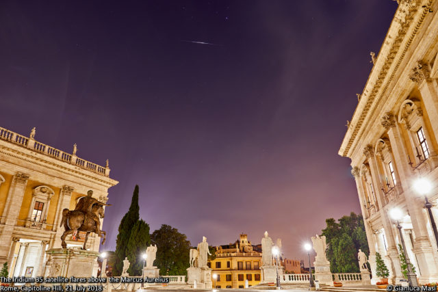 The Iridium 35 satellite shines as bright as mag. -7.5 above Marcus Aurelius statue, in Rome - 21 July 2018