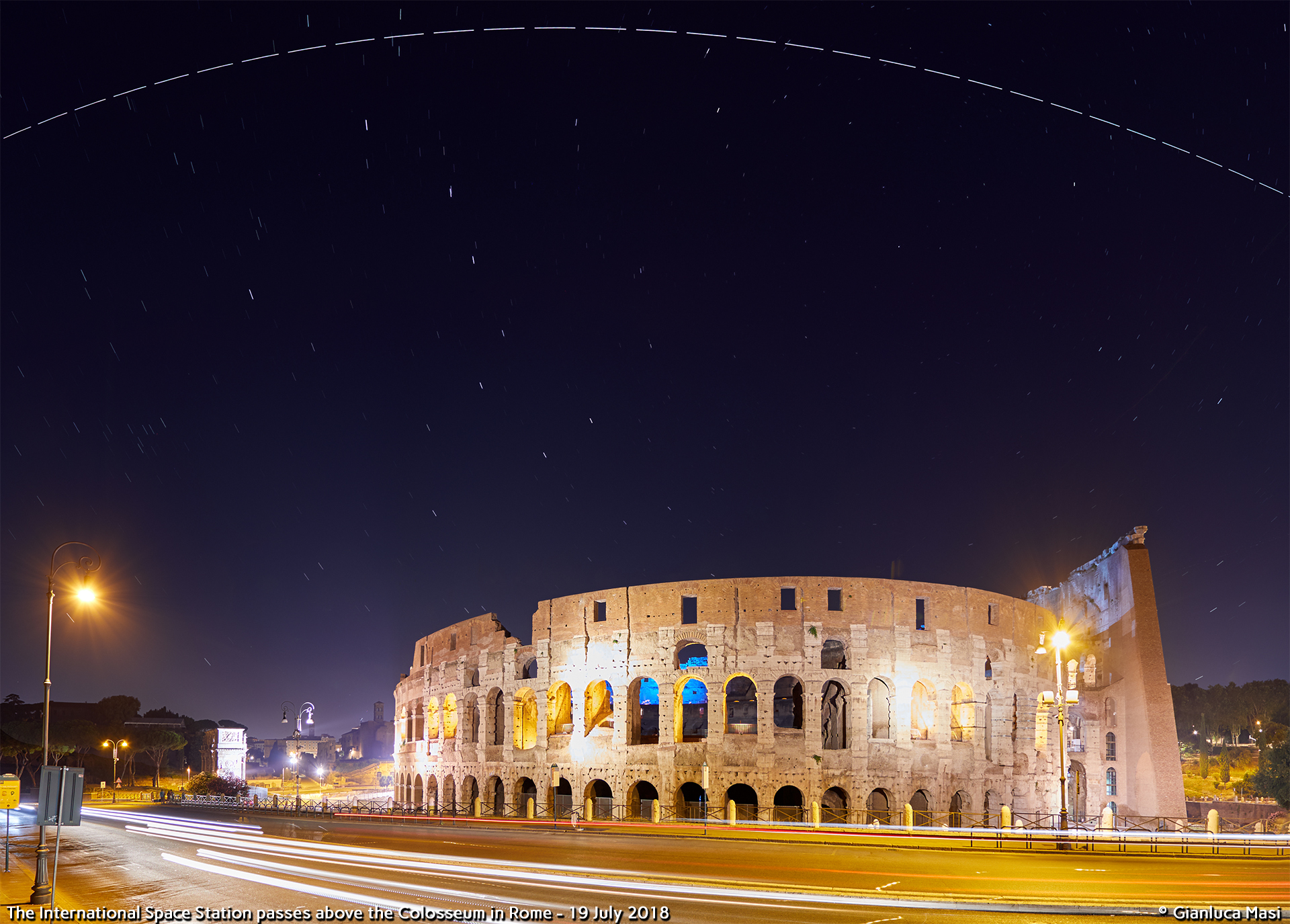 The International Space Station crosses the sky above Rome, embracing the Colosseum - 19 July 2018