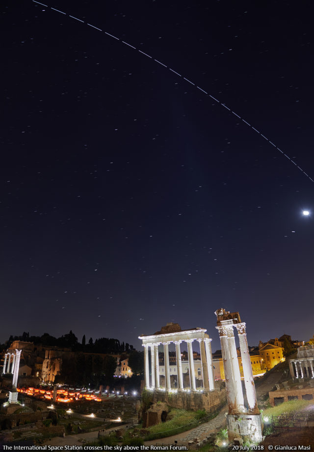 The International Space Station crosses the sky above the Temple of Saturn and the Temple of Vespasian and Titus, at the Roman Forum. - 20 July 2018