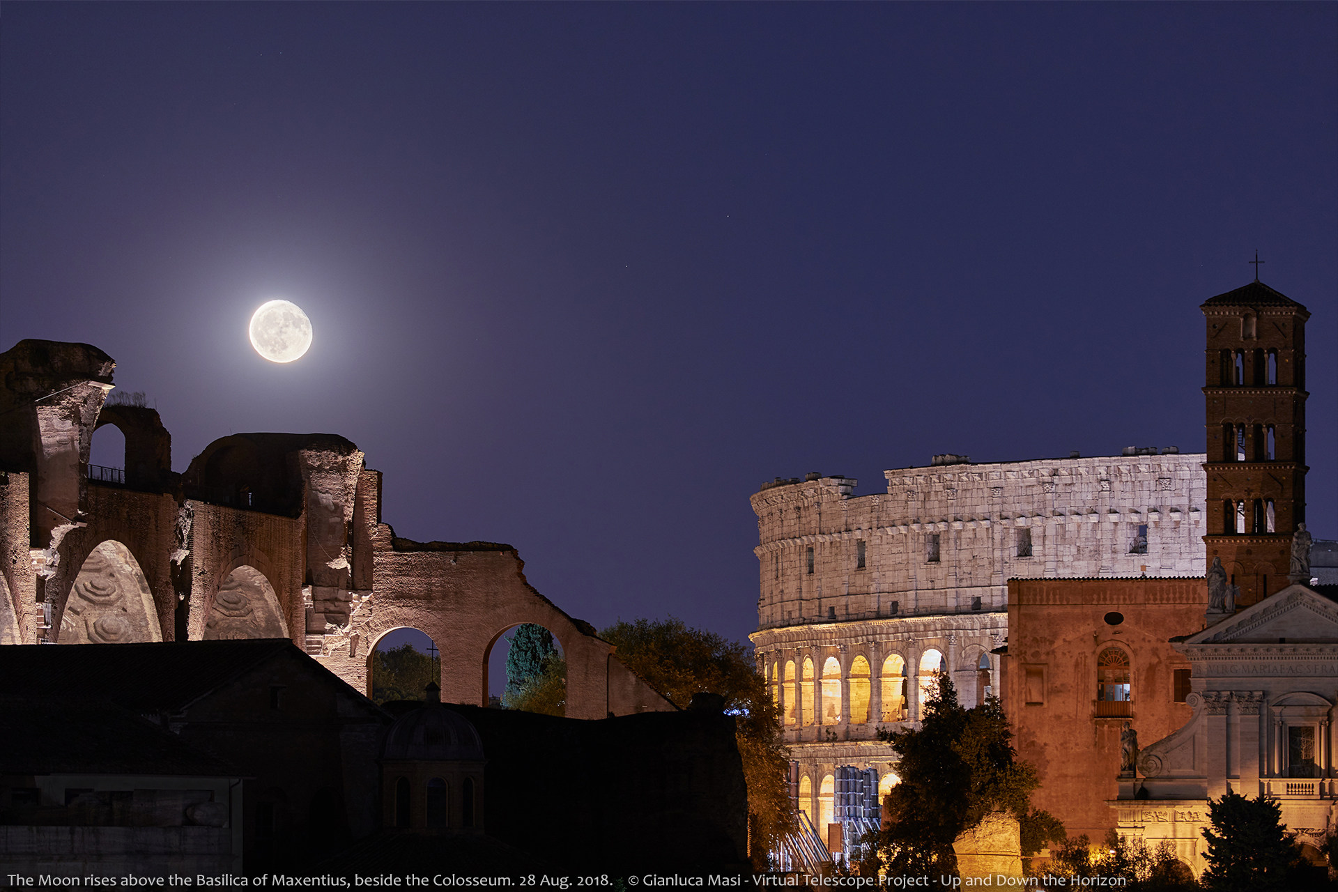 The Moon enters the scene on the Basilica of Maxentius , with the Colosseum on the right - 28 Aug. 2018