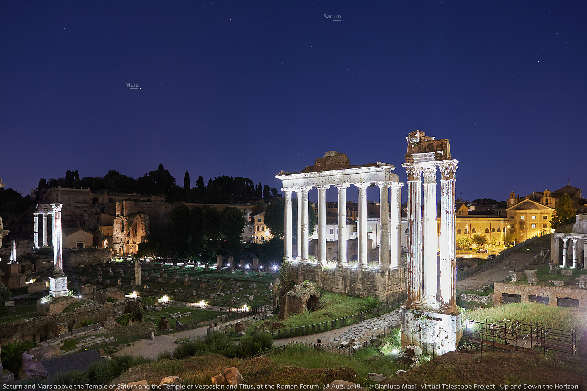 Saturn and Mars above the Temple of Saturn and the Temple of Vespasian and Titus, in the Roman Forum - 28 Aug. 2018
