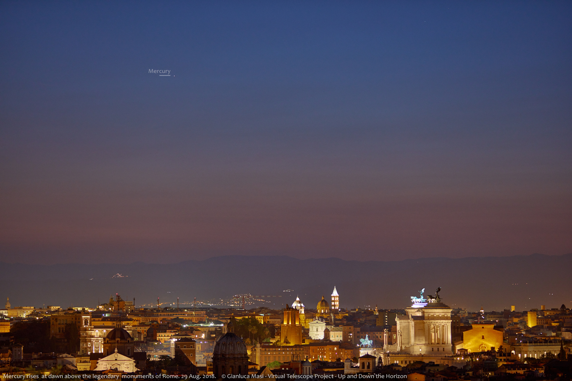 Mercury is rising just before the Sun above Rome an dome of its precious monuments - 29 Aug. 2018