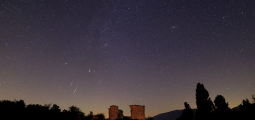A number of bright, greenish Perseids crossed the sky above the ruins of the church of " Madonna dellla Neve" (XVI Century) in Castel Santa Maria (PG), Italy. 12 Aug. 2018.