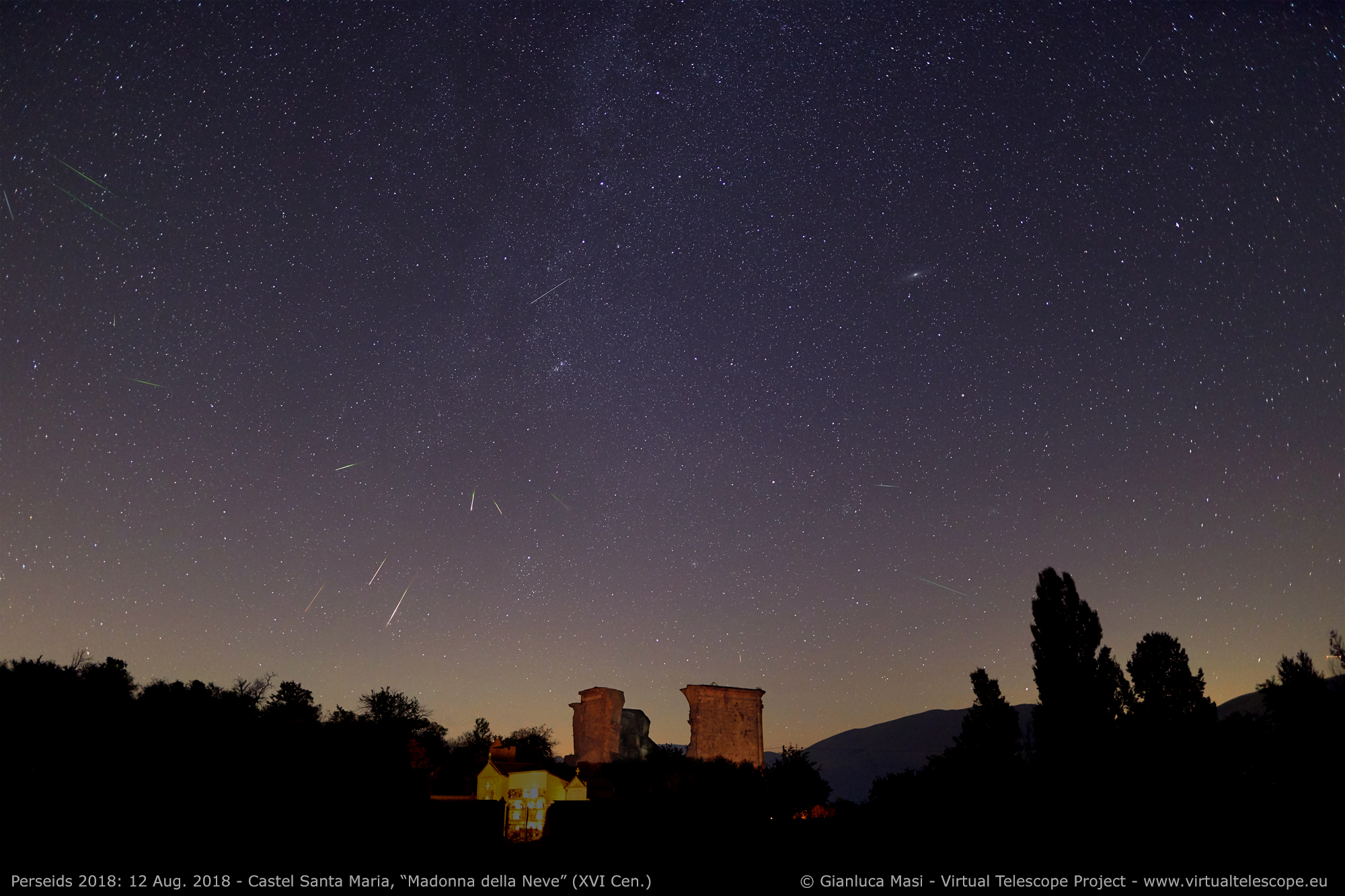 A number of bright, greenish Perseids crossed the sky above the ruins of the church of " Madonna della Neve" (XVI Century) in Castel Santa Maria (PG), Italy. 12 Aug. 2018.