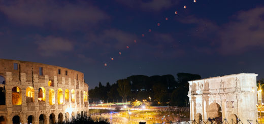 The eclipsed Moon and planet Mars cross the sky above the Colosseum and the Arch of Constantine - 27 July 2018