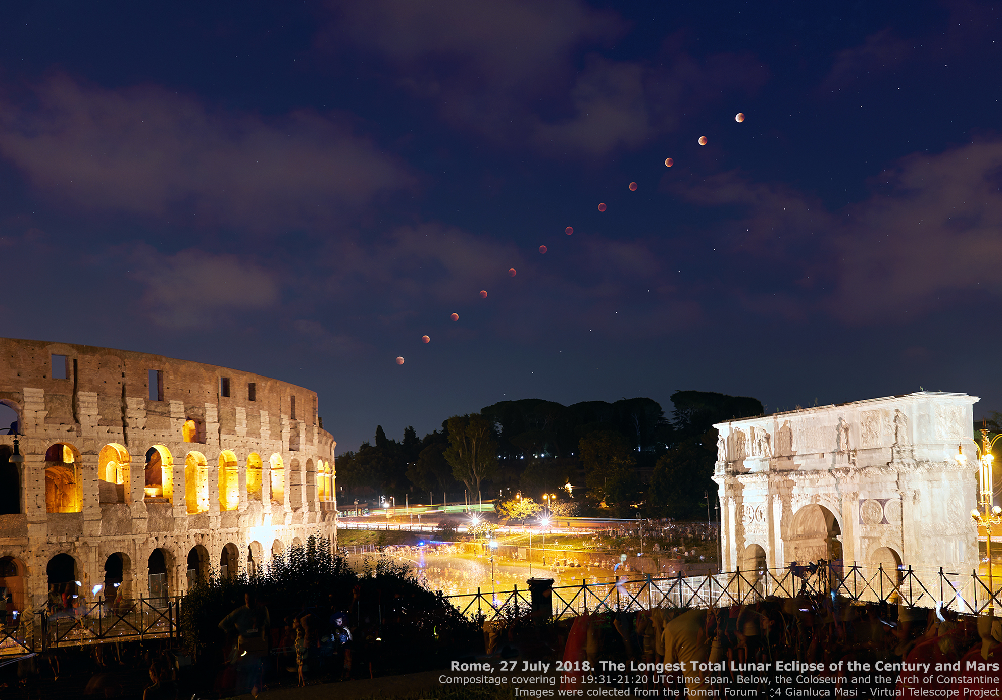 The eclipsed Moon and planet Mars cross the sky above the Colosseum and the Arch of Constantine - 27 July 2018