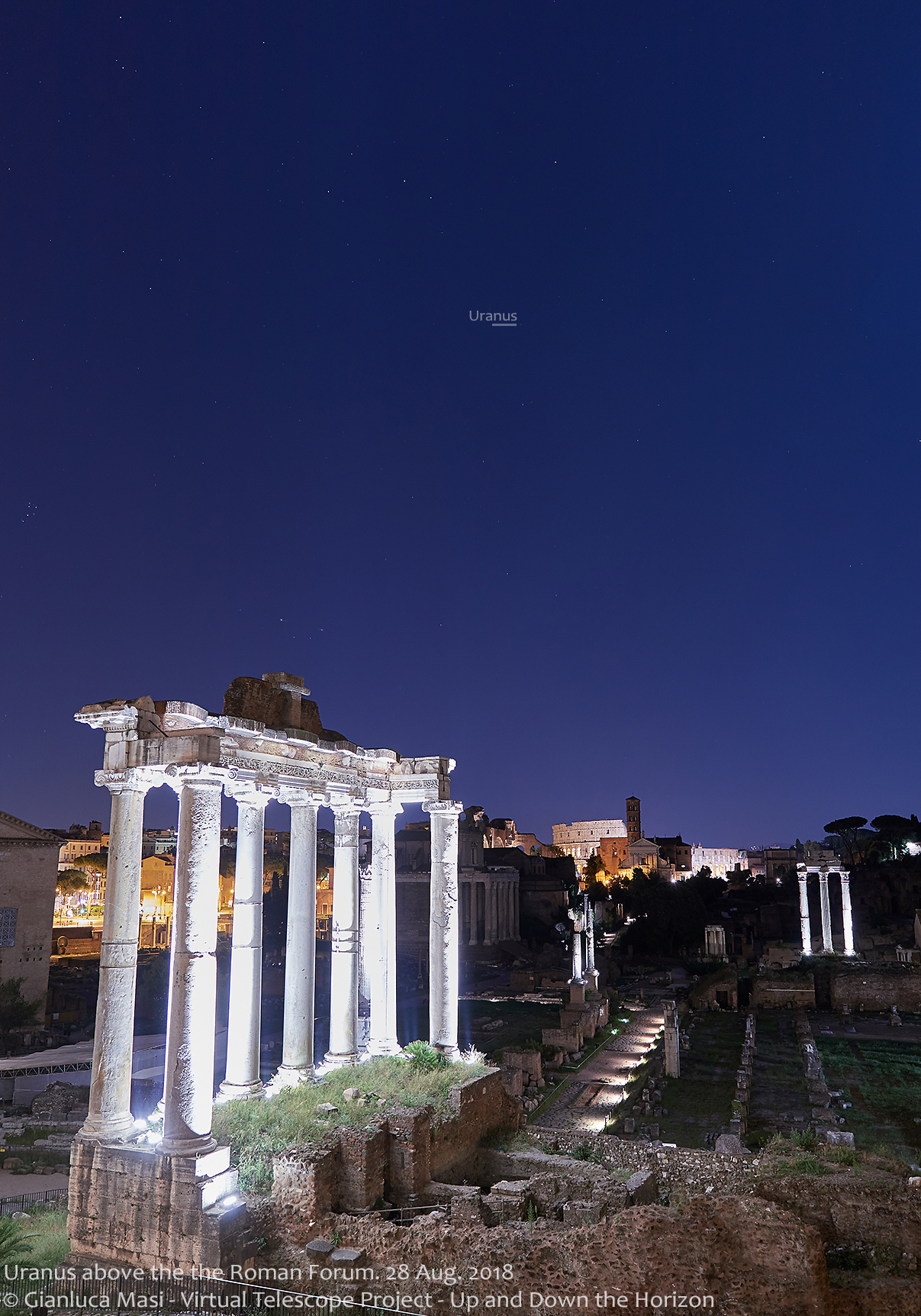 Uranus is discreetly shining above the Roman Forum, with the Pleiades visible on the left - 28 Aug. 2018